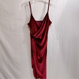 Double Crazy Drape Neck Asymmetrical Hem Velvet Cami Dress Burgundy Large